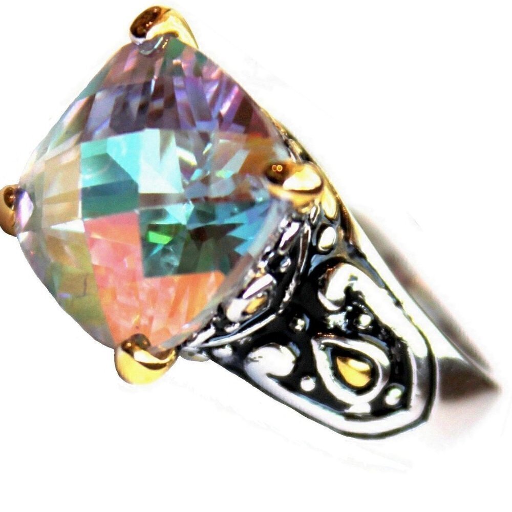 Womens Two Tone Gods Fire Throne Room Aurora Borealis AB Rainbow Ice CZ Ring
